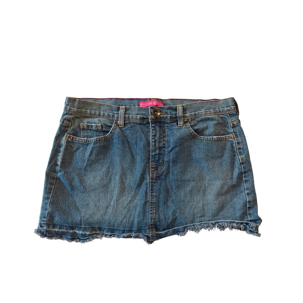 GLO Denim Mini Skirt Size 11 Frayed Hem Studded Back Pockets